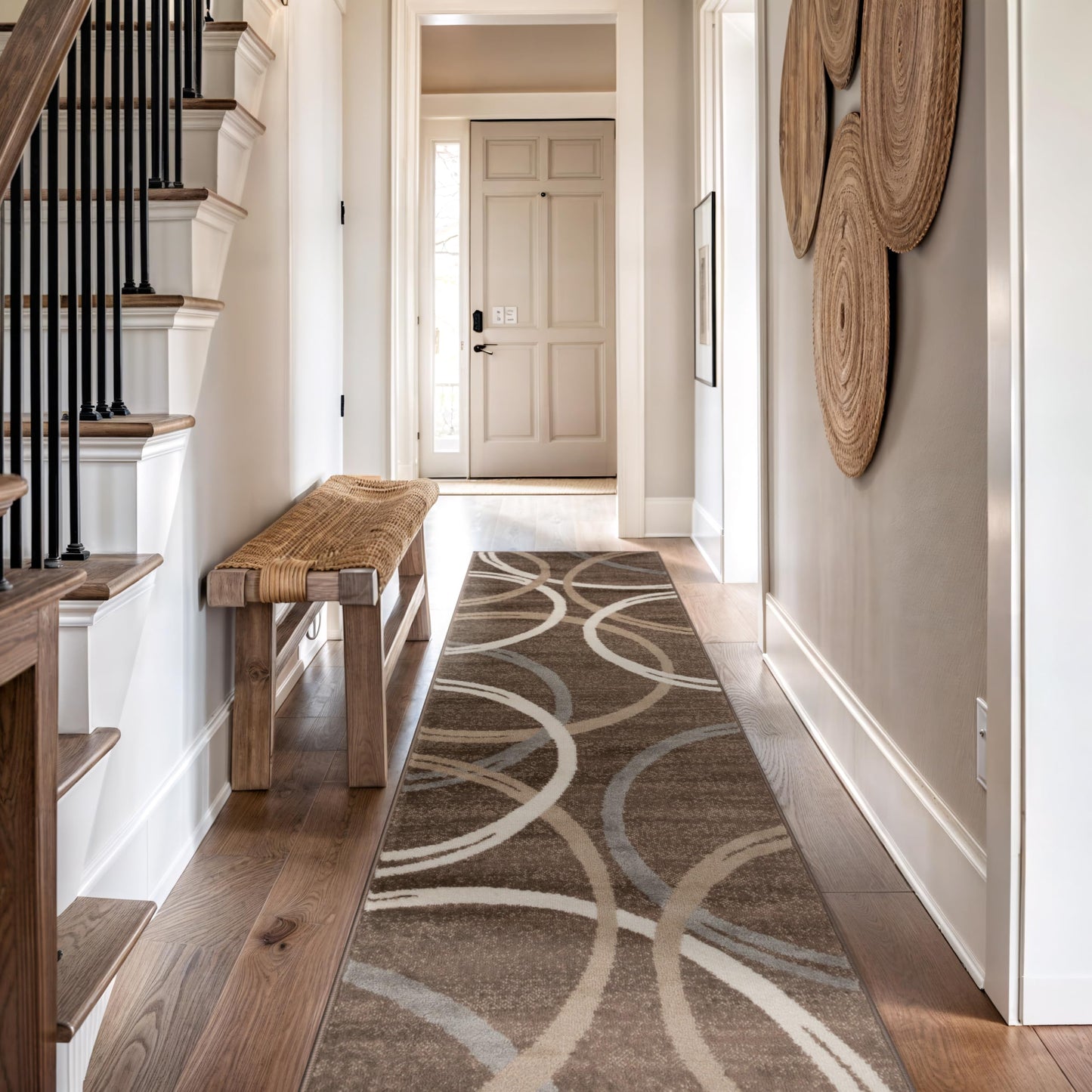 Rugshop Modern Wavy Circles Design Runner Rug, Fade-Resistant Carpet for Hallway, Entryway, or Kitchen, Brown, 2' x 10'