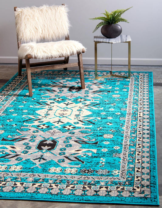 Unique Loom Taftan Collection Border Geometric Tribal Inspired Design Area Rug (6' 0 x 9' 0 Rectangular, Turquoise/ Gray)