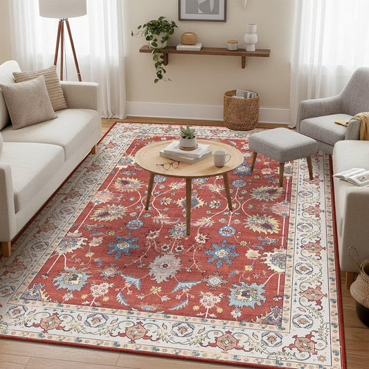5x7 Area Rugs, Washable Floral Vintage Print Carpet for Living Room, Bedroom, Entryway, Non-Slip Lightweight Rug, Home Decor for Dorm, Nursery, Kitchen，Red
