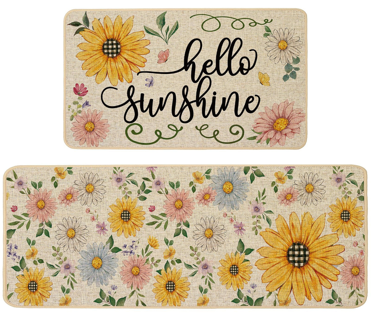 Baccessor Spring Summer Kitchen Rugs Set of 2, Sunflower Daisy Butterfly Floral Kitchen Mats for Floor Low-Profile Summer Holiday Home Decor 17x29 and 17x47 Inch
