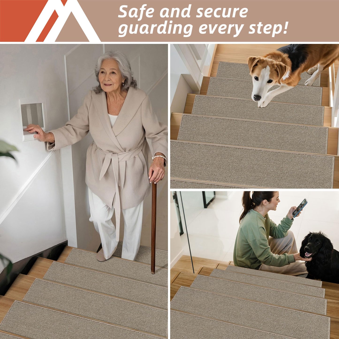 COSY HOMEER Stair Treads Non-Slip Carpet Stair Treads for Wooden Steps, Indoor Stair-Runner Rugs for Kids Elders & Pets 28"x9" (15Pc, Beige)