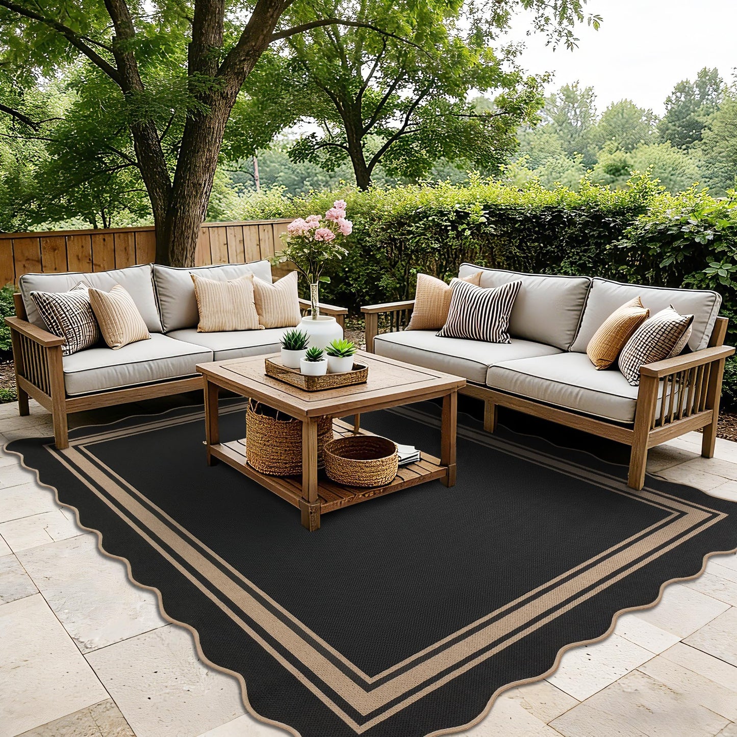 5x7 Scalloped Rug Easy Jute Washable Outdoor Patio Rug for Living Room Indoor Outdoor Black Geometric Neutral Carpet for Backyard Patio Dining Room