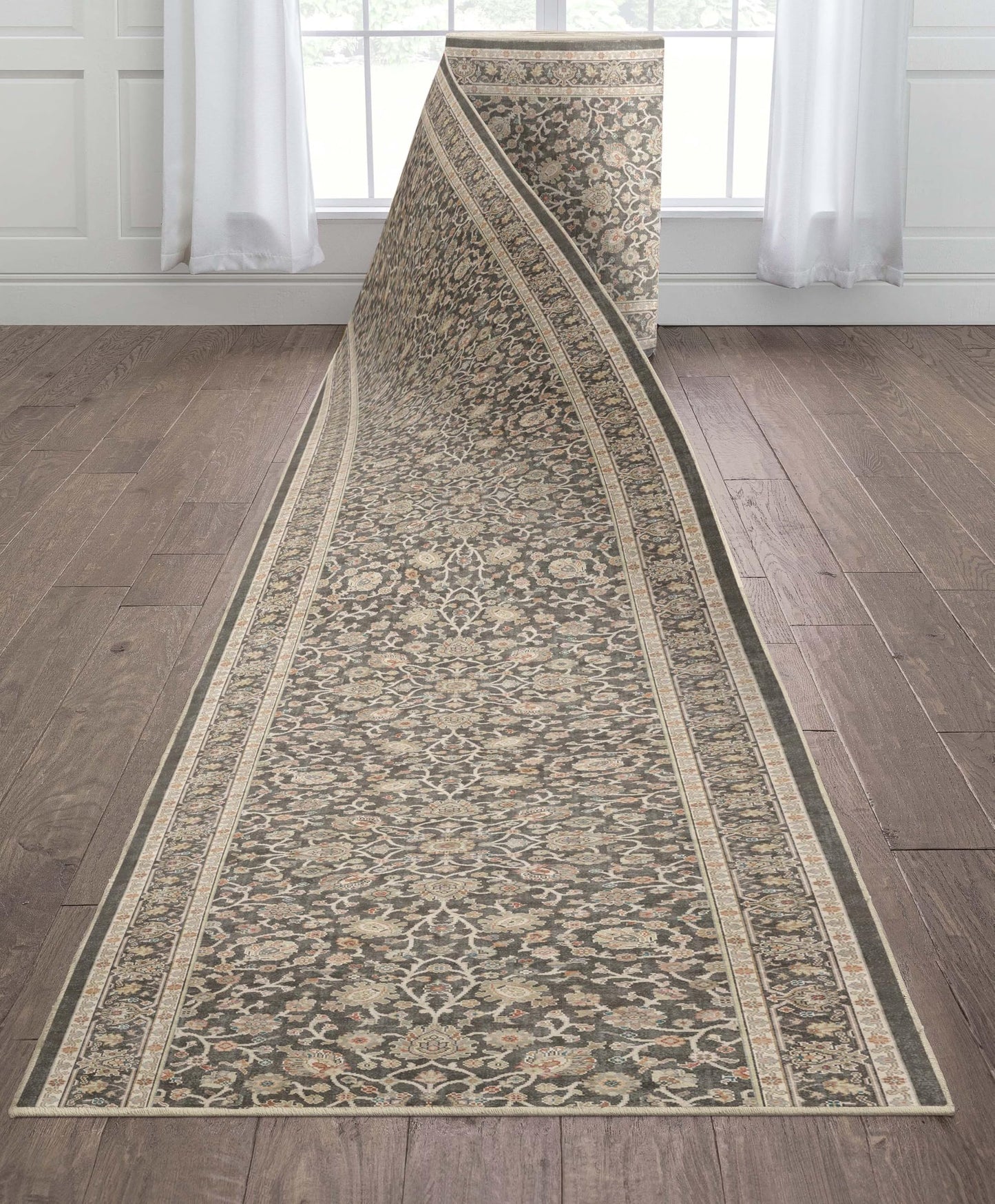 Well Woven Custom Size Hallway & Stair Runner- Asha Rome Charcoal Brown 26 Inches Wide Super Thin Long Runner (26" x 12' Runner) Rug - Floral, Easy Clean, Floor-Friendly Backing