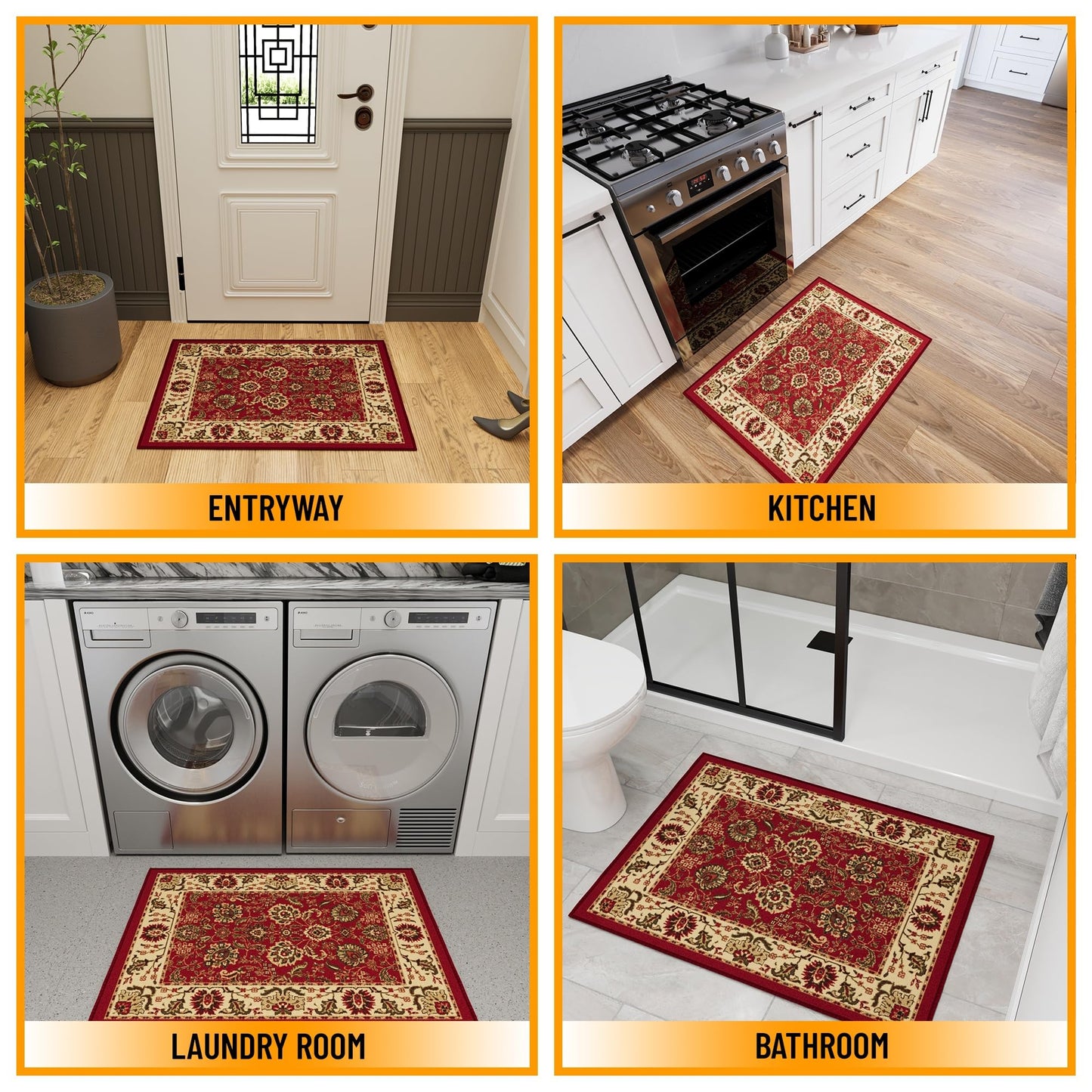 Ottomanson Front Door Mat – Non Slip Indoor Entryway Rug, Low Pile Stain Resistant Floor Mat for Mudroom & High Traffic Areas, 1'10.5" x 2', Red Oriental