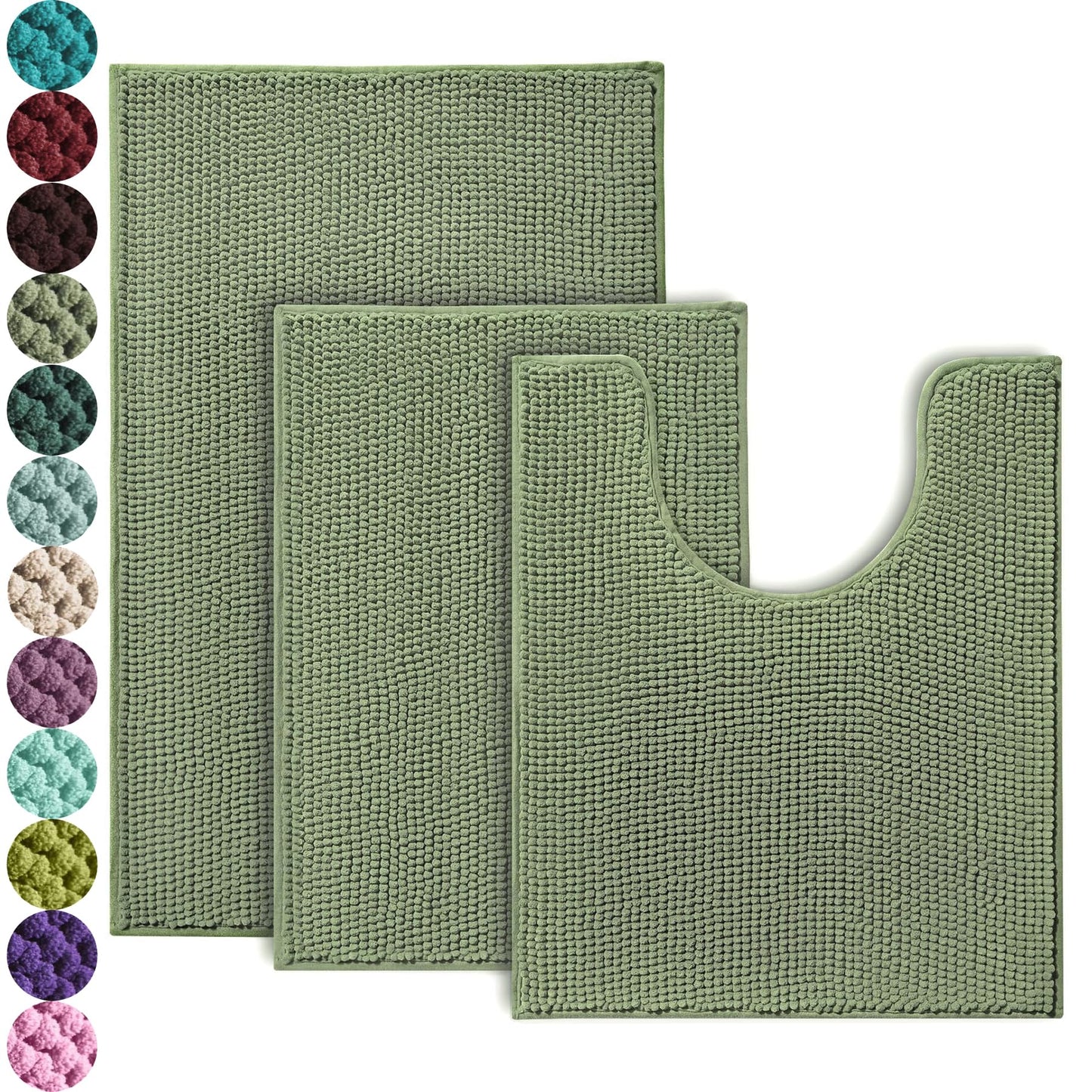 Urvoix Bathroom Rugs Sets 3 Piece, Non-Slip Chenille Bath Rug - Ultra Soft, Washable, Super Absorbent Bath Mat for Bathroom, Toilet and Tub (Sage Green)