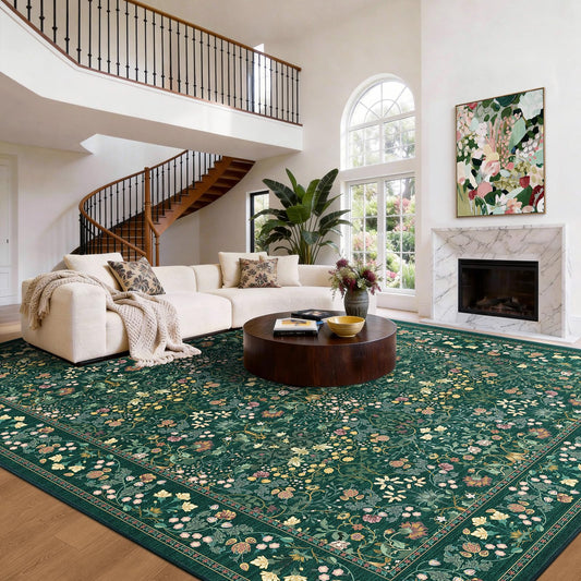 AMADA HOMEFURNISHING 8x10 Washable Area Rugs for Living Room, Non-Slip & Low-Profile Floral Large Area Rug with Durable Edge Binding, Soft Rugs for Living Room, Bedroom, Dining Room