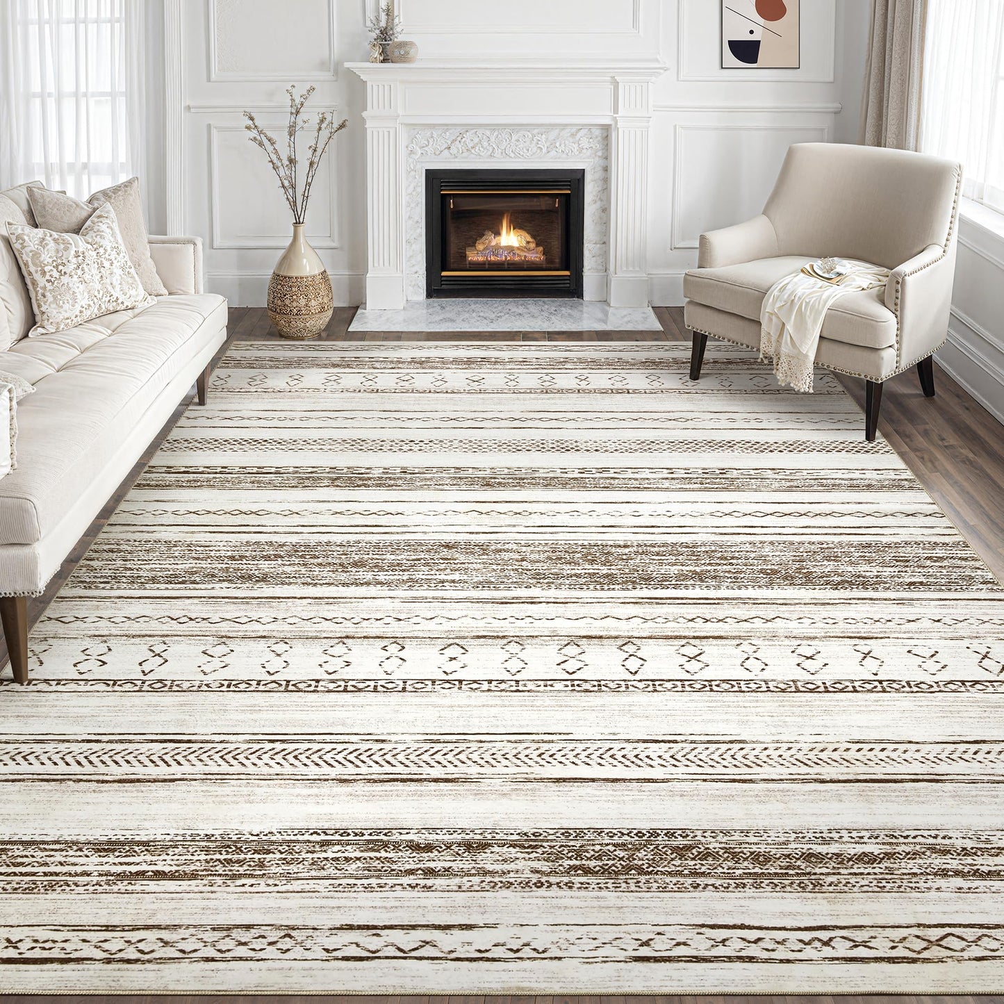 Tortania Area Rug Living Room Rugs - 8x10 Washable Large Soft Neutral Boho Moroccan Bohemian Farmhouse Rug Indoor Floor Carpet for Bedroom Under Dining Table Home Office Decor - Cream Brown