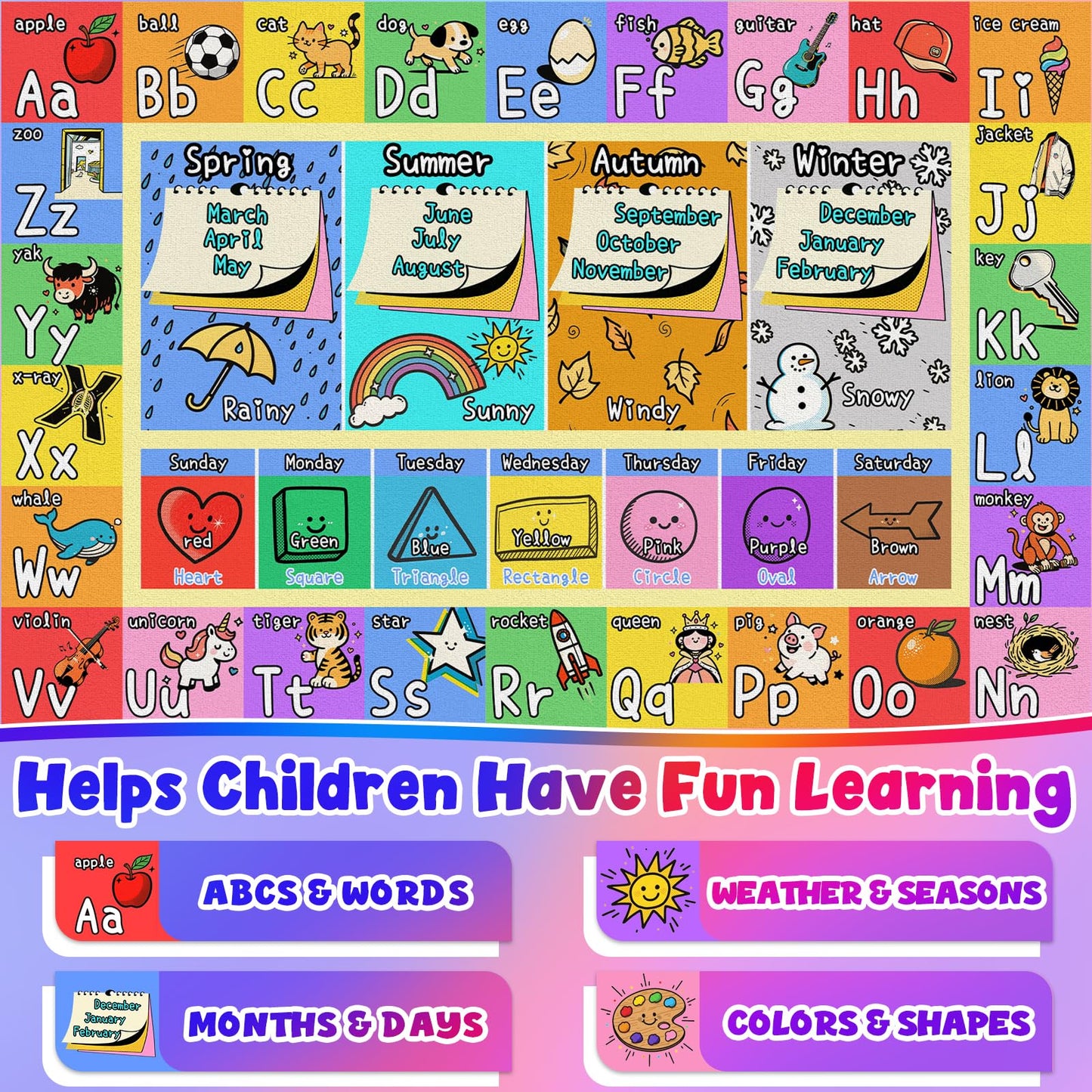 ABC Kids Playroom Rug 4x6 - Soft & Non-Slip Educational Play Mat, Preschool Classroom, Daycare Rug with ABCs, Colors, Shapes, Seasons, Washable Playmat for Toddler Nursery & Kids Room (48x72 Inch)