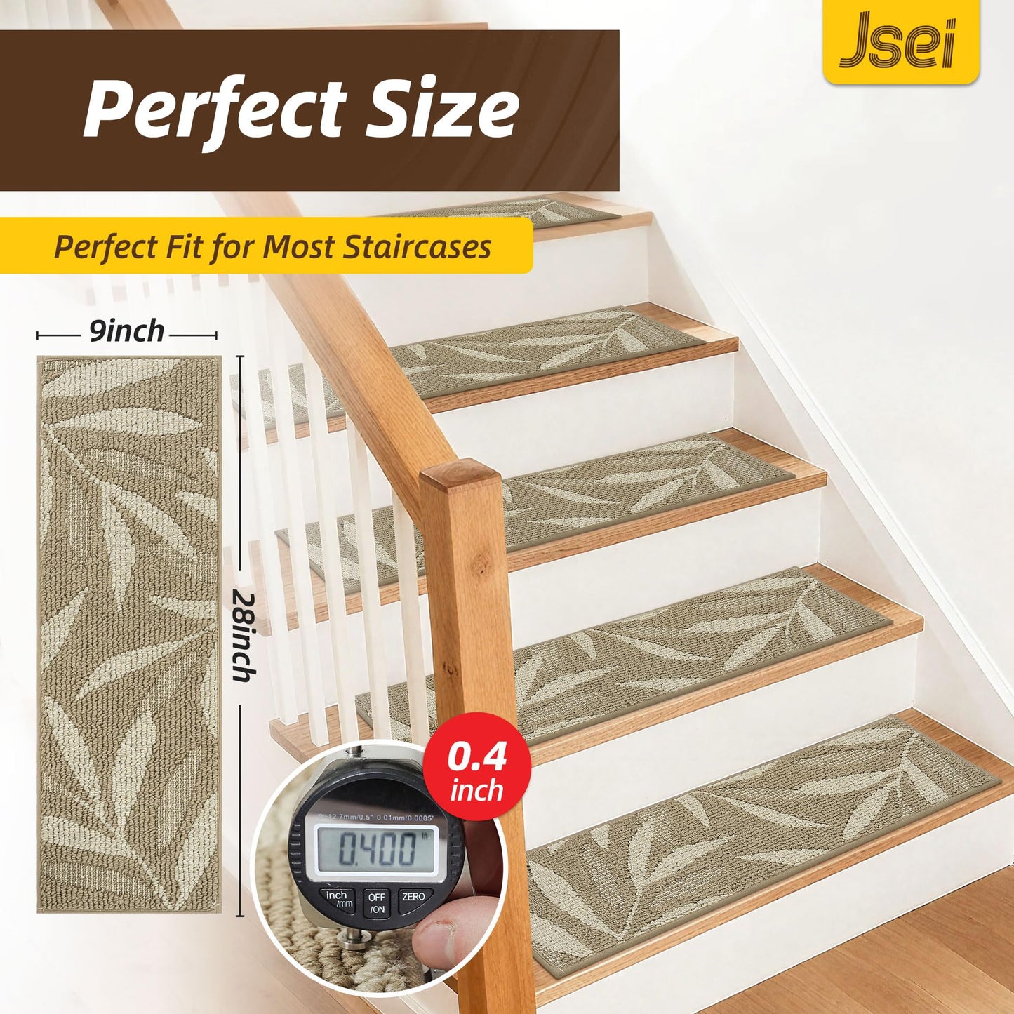 JSEI Stair Treads for Wooden Steps with 3D Leaf Pattern, 14 Pack 9" X 28" Carpet Stair Treads Non-Slip Indoor with TPE Backing, Machine Washable Stair Runners for Kids Elders and Pets, Beige