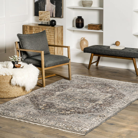 nuLOOM Harriet Vintage Medallion Fringe Area Rug - 4x6 Area Rug Traditional Dark Grey/Multicolor Rugs for Living Room Bedroom Dining Room Kitchen