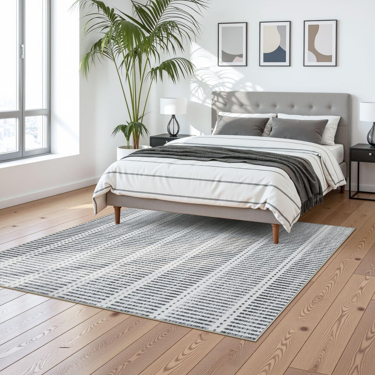 Tribesigns Ultra Thin 5x7 Washable Area Rugs for Living Room, Modern Non-Slip Rugs for Bedroom Dining Room, Grey Striped Farmhouse Large Indoor Carpet for Playroom Entryway