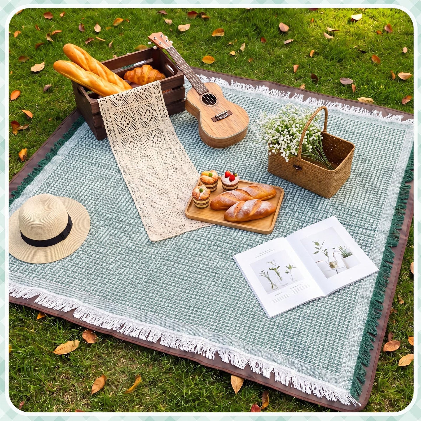 SmoothNovelty 2 in 1 Waterproof Picnic Blankets Outdoor Extra Large Blanket Foldable Double Layer Sandproof Beach Mat with Carry Strap for Camping Yard Lawn Park Beach Grass(Green)