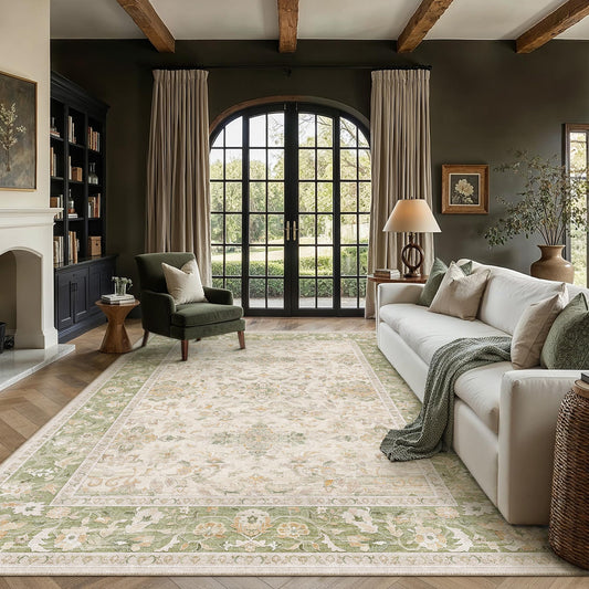 WondRg 8x10 Washable Area Rug for Living Room Bedroom Sage Green Soft Low Pile Lightweight Throw Rug Non Slip Vintage Accent Carpet Dining Room Classroom Playroom Home Decor