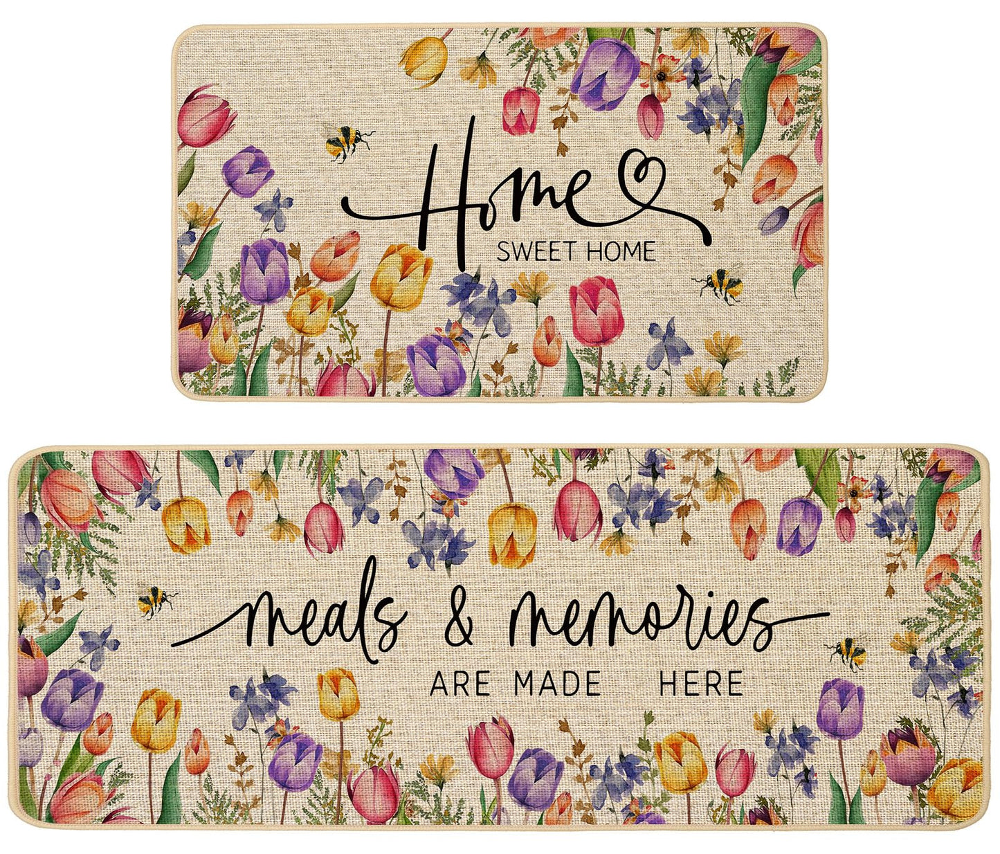 Baccessor Home Sweet Home Kitchen Mats Set of 2, Summer Floral Tulip Kitchen Rugs for Floor Spring Non Slip Low-Profile Seasonal Home Decor 17x29 and 17x47 Inch