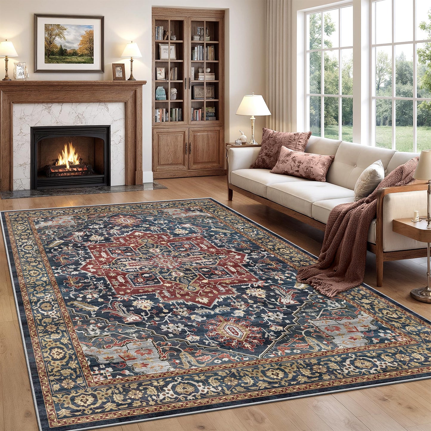 Rugland 8x10 Area Rugs - Stain Resistant Washable Rug, Anti Slip Rugs for Living Room, Vintage Tribal Area Rugs(Medallion 01-Rust/Blue, 8'x10')