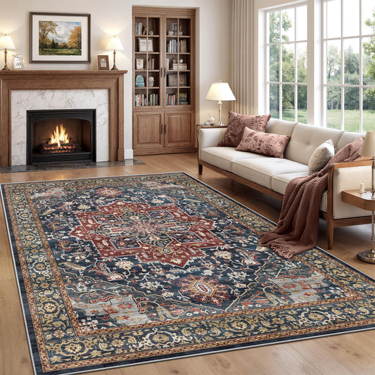 Rugland 8x10 Area Rugs - Stain Resistant Washable Rug, Anti Slip Rugs for Living Room, Vintage Tribal Area Rugs(Medallion 01-Rust/Blue, 8'x10')