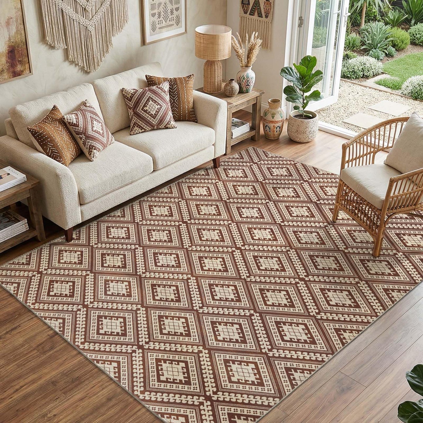 jinchan 5x7 Washable Faux Jute Area Rug, Geometric Diamond Natural Fiber Look Carpet, Vintage Tile-Inspired Low-Pile Non-Slip Large Outdoor Rug for Living Room Dining Room Bedroom, Terracotta Brown