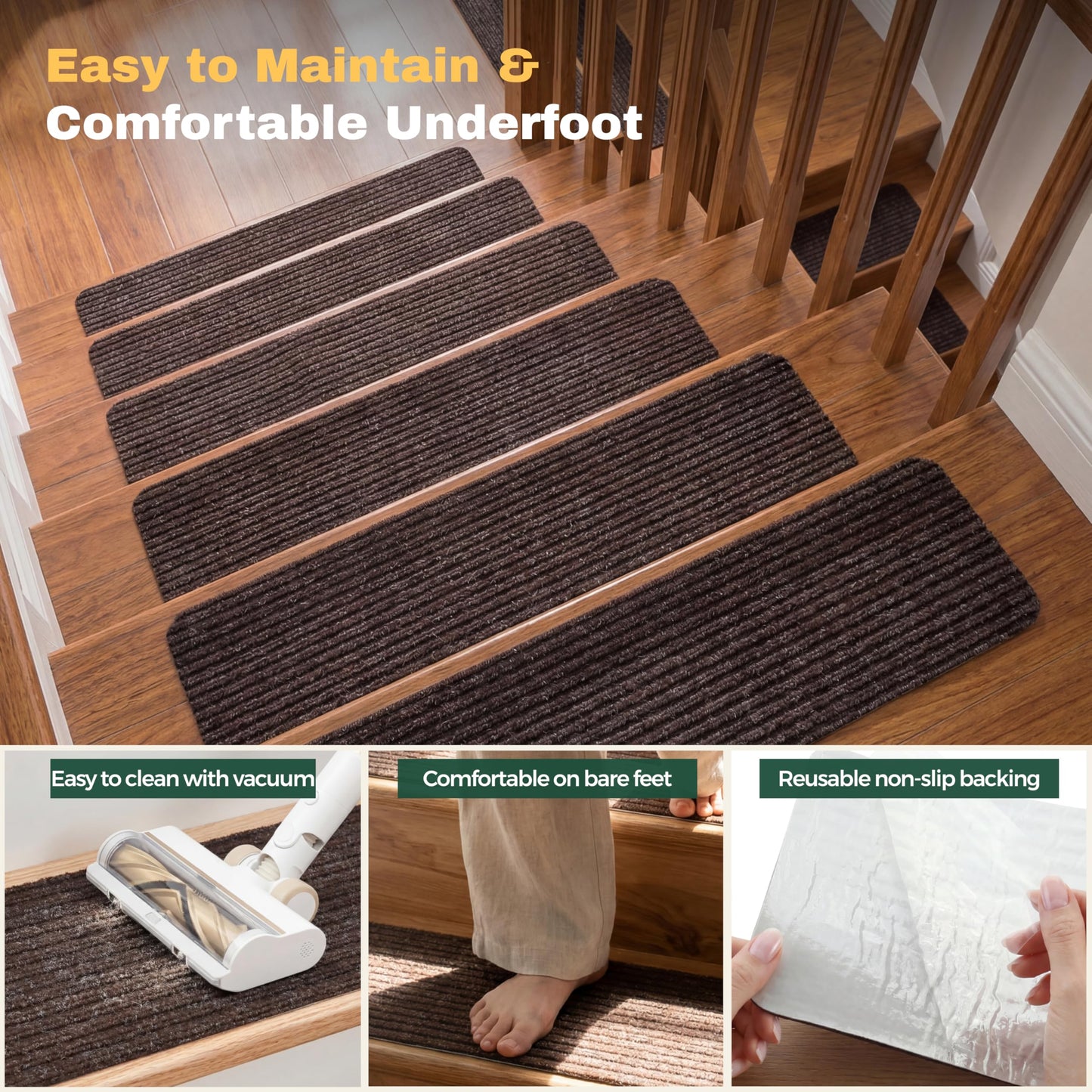 MBIGM 8" X 30" (15 in Pack) Nonslip Carpet Stair Treads Non-Skid Safety Rug Slip Resistant Indoor Runner for Kids Elders & Pets with Reusable Adhesive - Brown - Non Slip Stair Treads Indoor