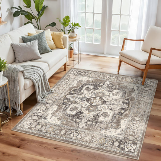 YOUFORTONG 4x4 Square Area Rug: Washable Vintage Soft Rugs for Kitchen Entryway Low Pile Non-Slip Carpet Ultra Thin Stain Resistant Floor Decor Mat for Living Room Bedroom (Beige/Brown/Grey, 4x4)