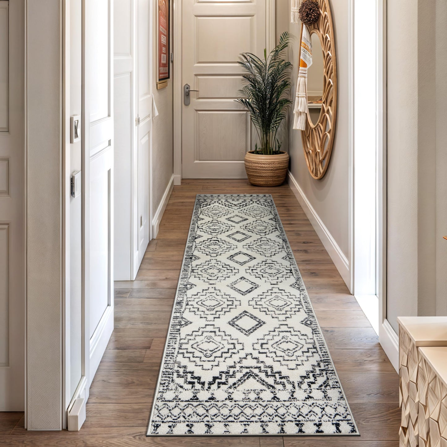 Rugshop Cream and Black Southwestern Tribal Area Rug – Boho Geometric Diamond Pattern Carpet for Living Room, Bedroom, or Entryway – Soft Modern Rustic Floor Décor 2' 3" x 8' Runner Cream