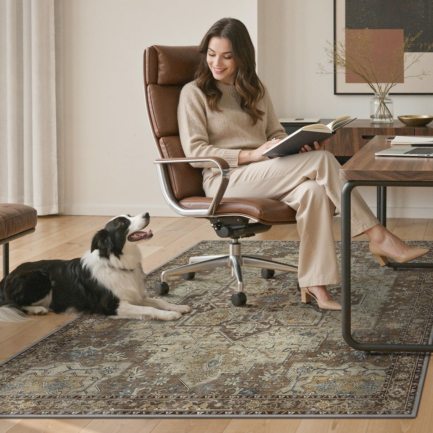 48"x60" Office Chair Mat for Hardwood Tile Floor, Under Desk Carpet Protector for Rolling Computer Chair Mat, Machine Washable Area Rug, Anti-Slip 1/5" Thick Low Pile Thin Vinyl Floor Mat, Brown