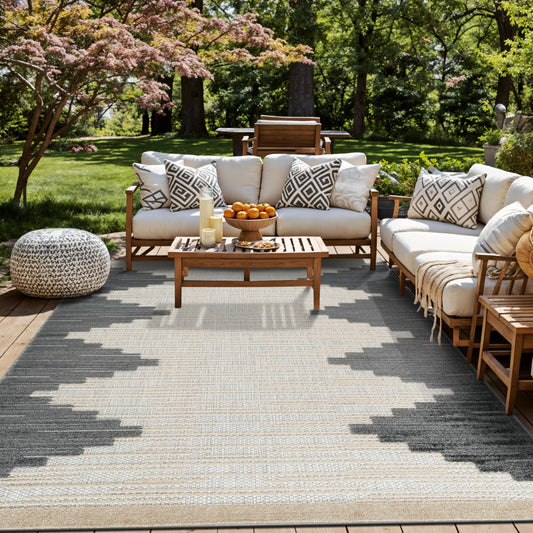 Rugshop Indoor/Outdoor High-Low Textured Area Rug, Geometric Bohemian, Easy-Clean Patio Rug for Porch Deck Balcony 6' 6" x 9' Gray