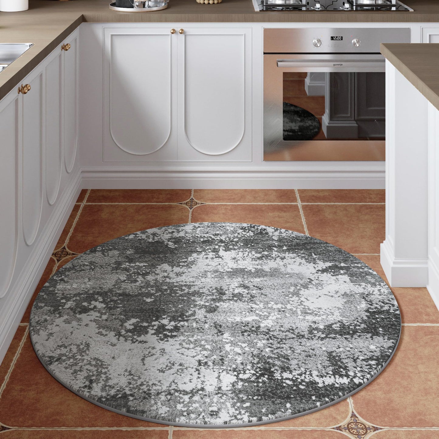 Round Area Rugs 4ft Washable Grey Circle Rug for Entryway Kitchen, Non Slip Soft Low Pile Stain Resistant, Boho Circular Carpet for Living Room Bedroom Dorm Dining Room Table, Abstract Gray