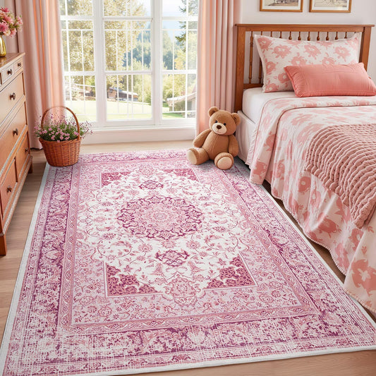 Macgace 5x7 Bright Pink Area Rug for Living Room, Machine Washable Rugs with Non-Slip Backing for Girls Bedroom, Cute Vintage Carpet for Kitchen Laundry Kids Room