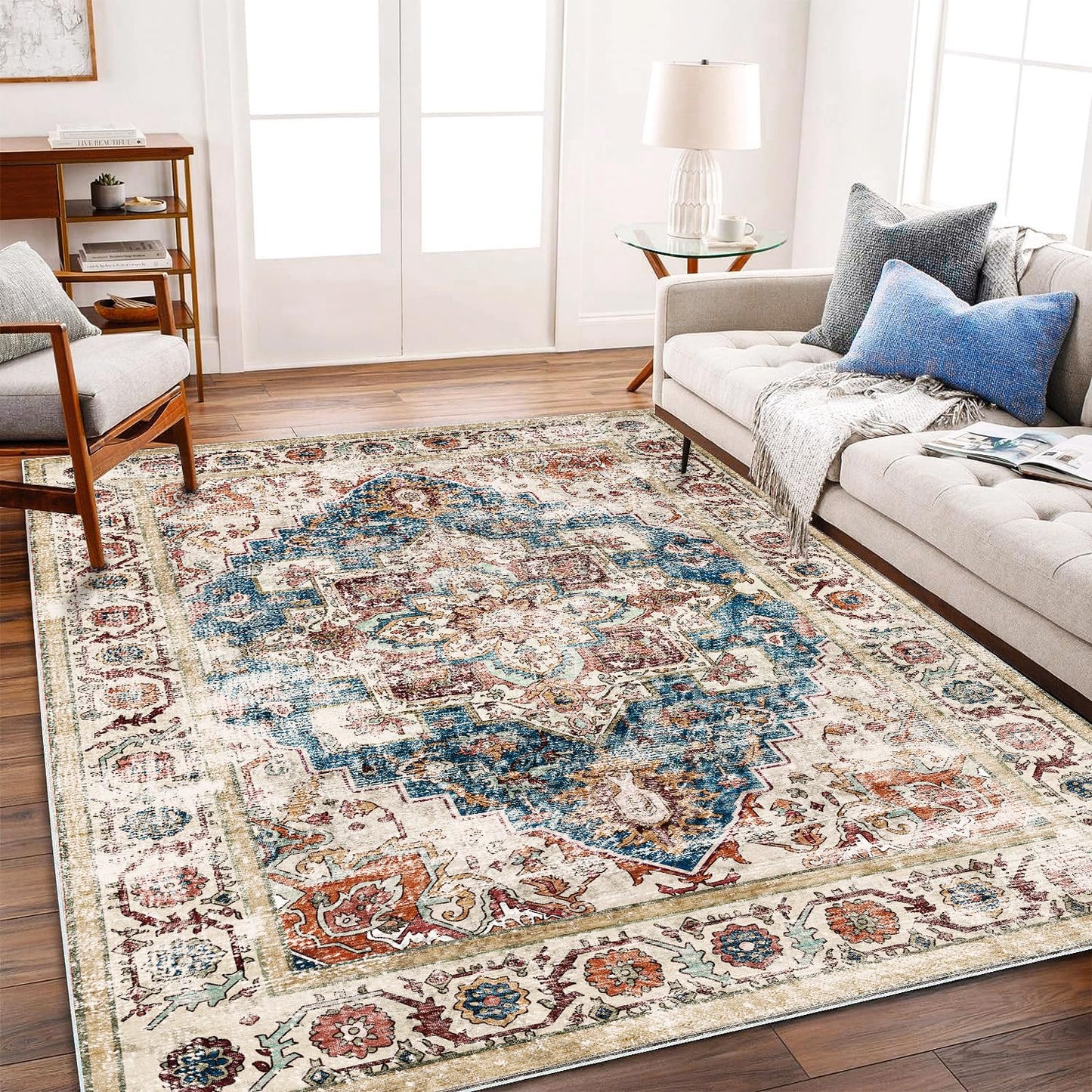 CHAMPLANT Washable Area Rug 5'x7' for Living Room Retro Beige Blue Boho Chic Medallion Distressed Design Indoor Non-Slip Large Persian Oriental Accent Throw Rug for Kitchen Bedroom Office Carpet