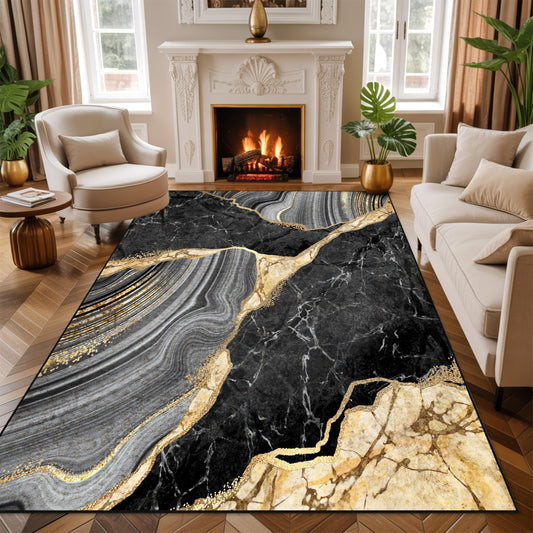 Black and Gold Area Rug 5x7 ft for Living Room Abstract Marble Large Non Slip Washable Rugs Ultra-Soft Low Pile Indoor Floor Mat Carpet for Bedrooms Playroom Office Kitchen (Black Gold, 5'x7')