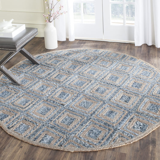 SAFAVIEH Cape Cod Collection 8' Round Natural / Blue CAP354A Handmade Flatweave Diamond Braided Jute & Denim Area Rug