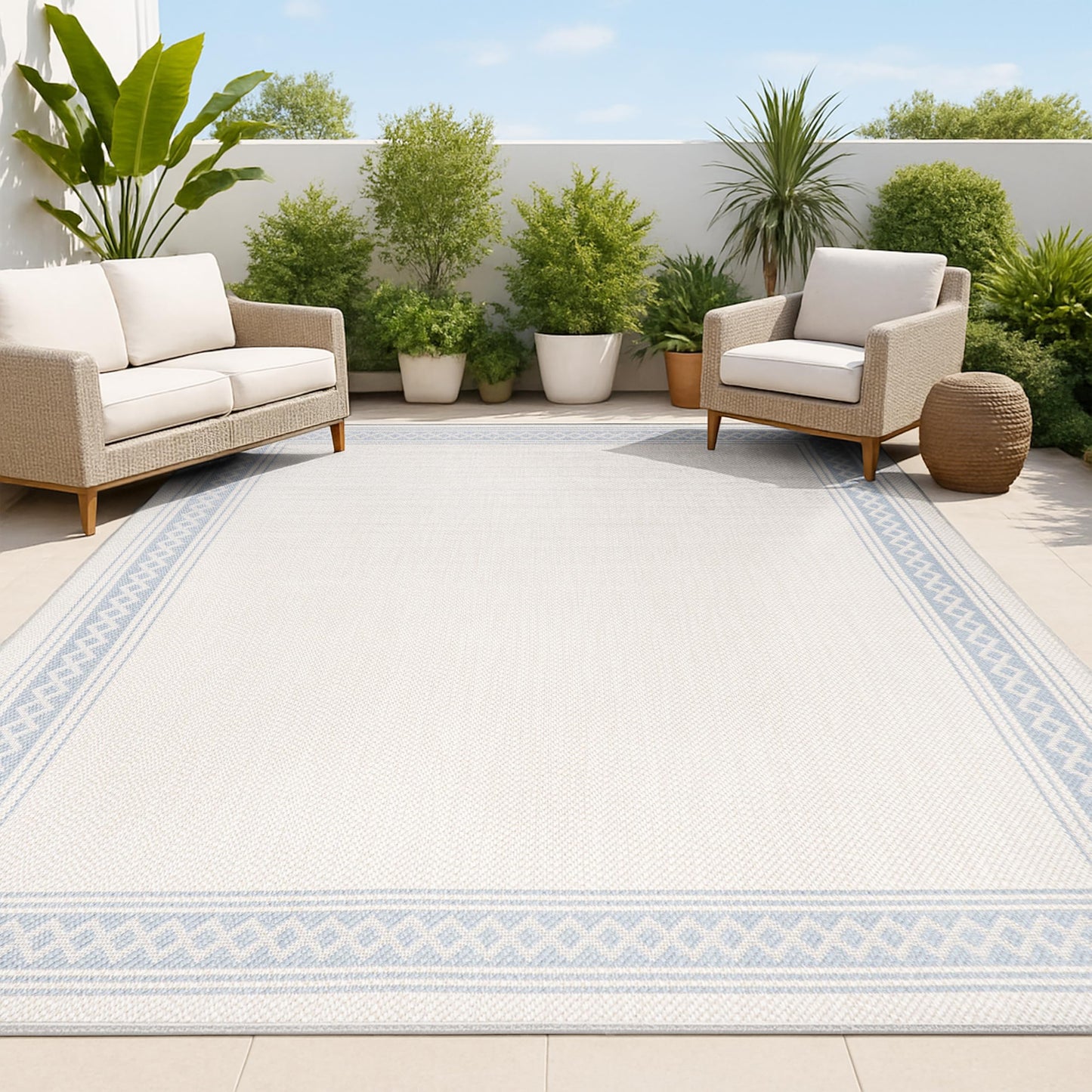 JONATHAN Y Diamond Border Indoor Outdoor Area Rug 3X5 Cream/Blue, Lucia Classic for Backyard, Patio, Porch, Easy-Cleaning, High Traffic, Pet-Friendly, Non-Shedding (SMB207A-3)