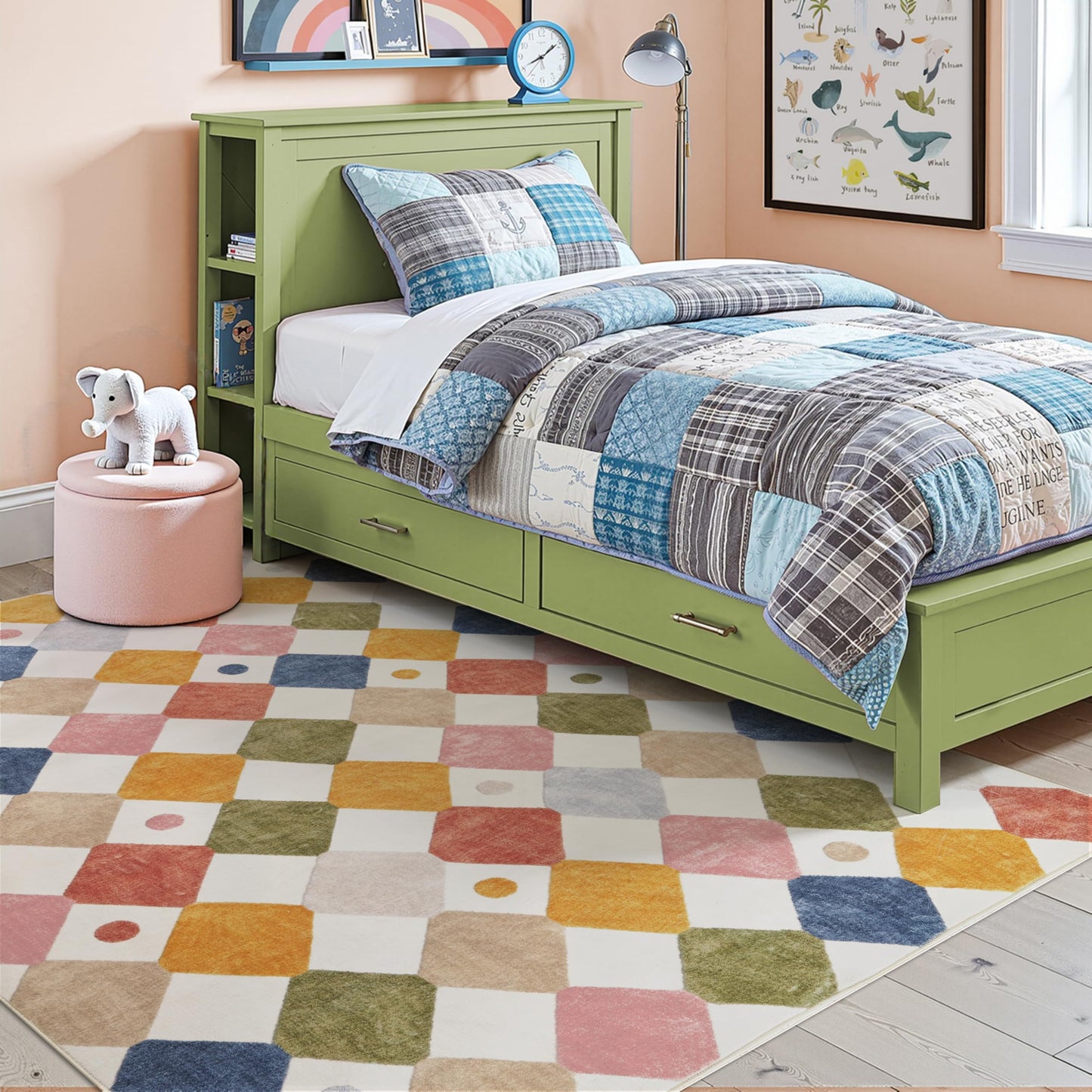 jinchan Macy 5x7 Area Rug for Kids Room Modern Colorful Nursery Rug Checkered Diamond Play Mat Washable Soft Non Slip Carpet for Playroom Classroom Bedroom Dorm Daycare Living Room Circus on Cream