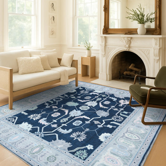 Fame Living Navy Blue Oushak Rug, Modern, Vintage, Turkish, Eclectic, Floral, Pastel, Washable, Oversized, Extra Large Area Rugs for Living Room, Dining, Bedroom, Lounge 9'5"x14'
