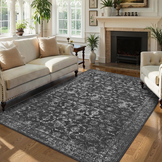 Washable Area Rug 5x7 Black Rugs for Living Room, Vintage Boho Large Rug for Bedroom Dining Room Office, Distressed Floral Print Carpet for Under Table, Soft Non Slip Low Pile Throw Carpet Indoor Mat