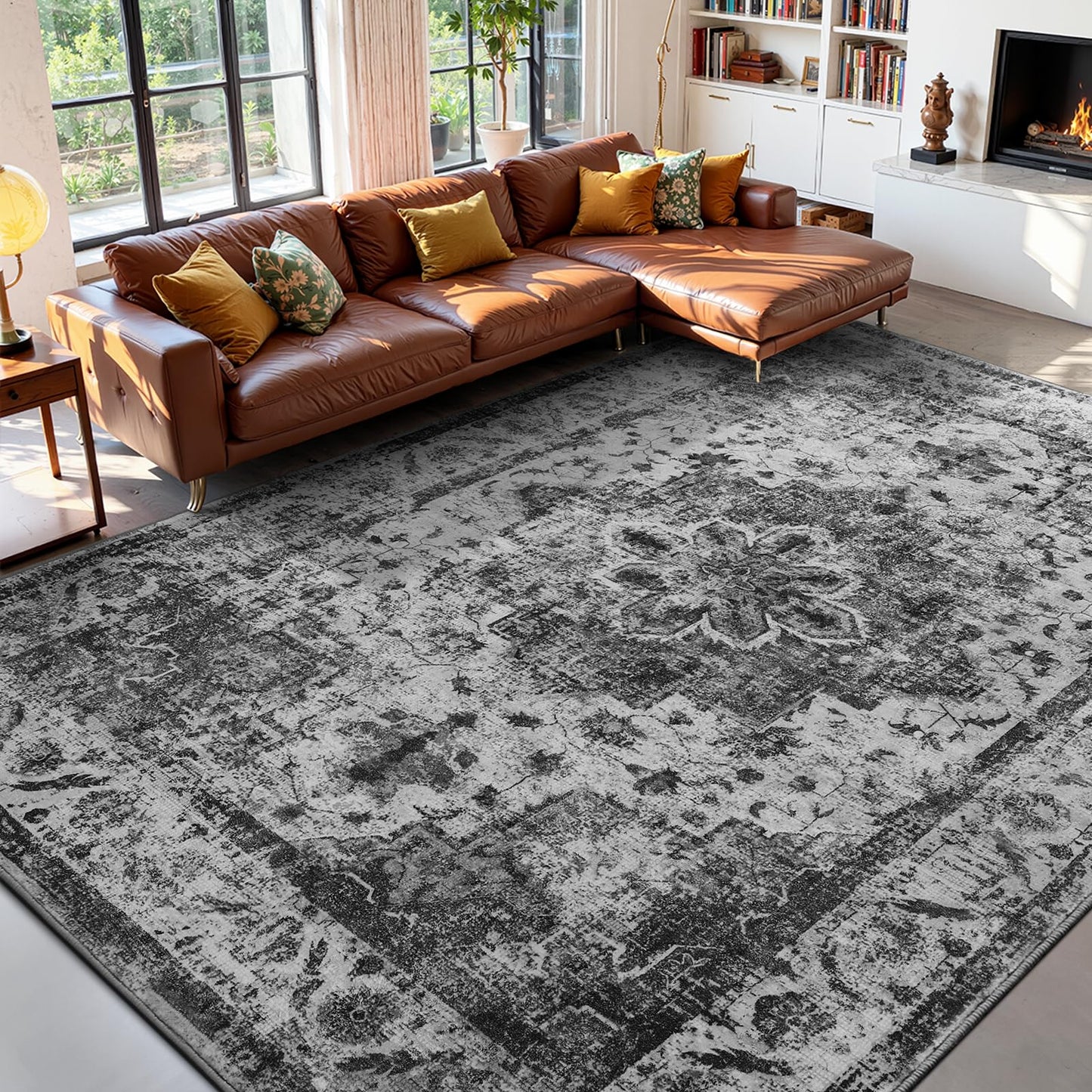 YOH Boho Washable Rug 8x10, Black Vintage Non Slip Area Rug, Distressed Indoor Carpet for Living Room Bedroom Kitchen Office