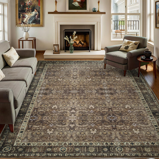 Dotiiorug 8x10 Vintage Washable Area Rug for Living Room,Low Pile Non Slip Carpet Non-Shedding Large Area Rug Soft Indoor Stain Resistant Rug Floral Print Mat for Bedroom Dining Room Brown Floral