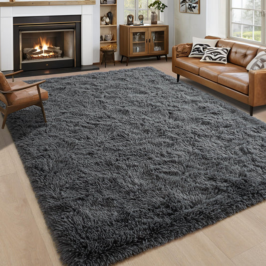 9x12 Extra Large Dark Grey Area Rug for Living Room Bedroom Dining Room, Fluffy Shag Soft Plush Furry Carpet Solid Color, Non-Slip Indoor Floor Mat for Kids Home Decor