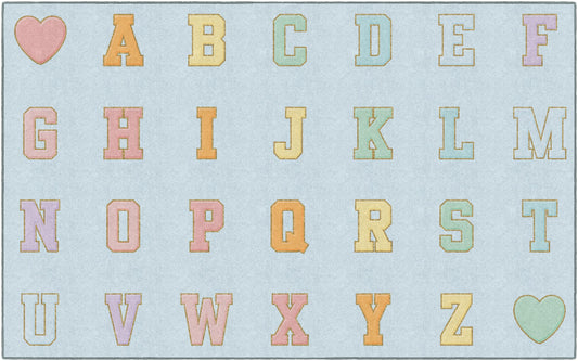 Flagship Carpets Blue Pastel Alphabet Criss-Cross Applesauce Educational Area Rug for Kids Room Seating Décor, Children's Classroom, Play Carpet for Teaching and Playroom, 7'6" x 12'