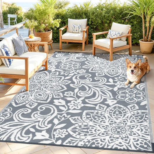 Findosom Waterproof Outdoor Rug 5' x 8' - Reversible Mandala Outdoor Plastic Straw Rug, Durable Foldable Patio Rug for RV, Deck, Balcony, Backyard, Picnic, Porch, Camping, Beach, Gray