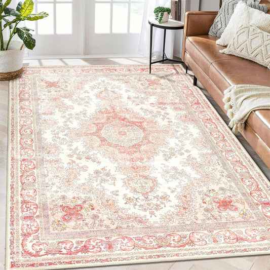 Castage 5'x7' Area Rugs Washable,Pink Rug for Living Room Bedroom,Large Boho Vintage Bohemian Distressed Oriental Carpet Non Slip,Blush Floral