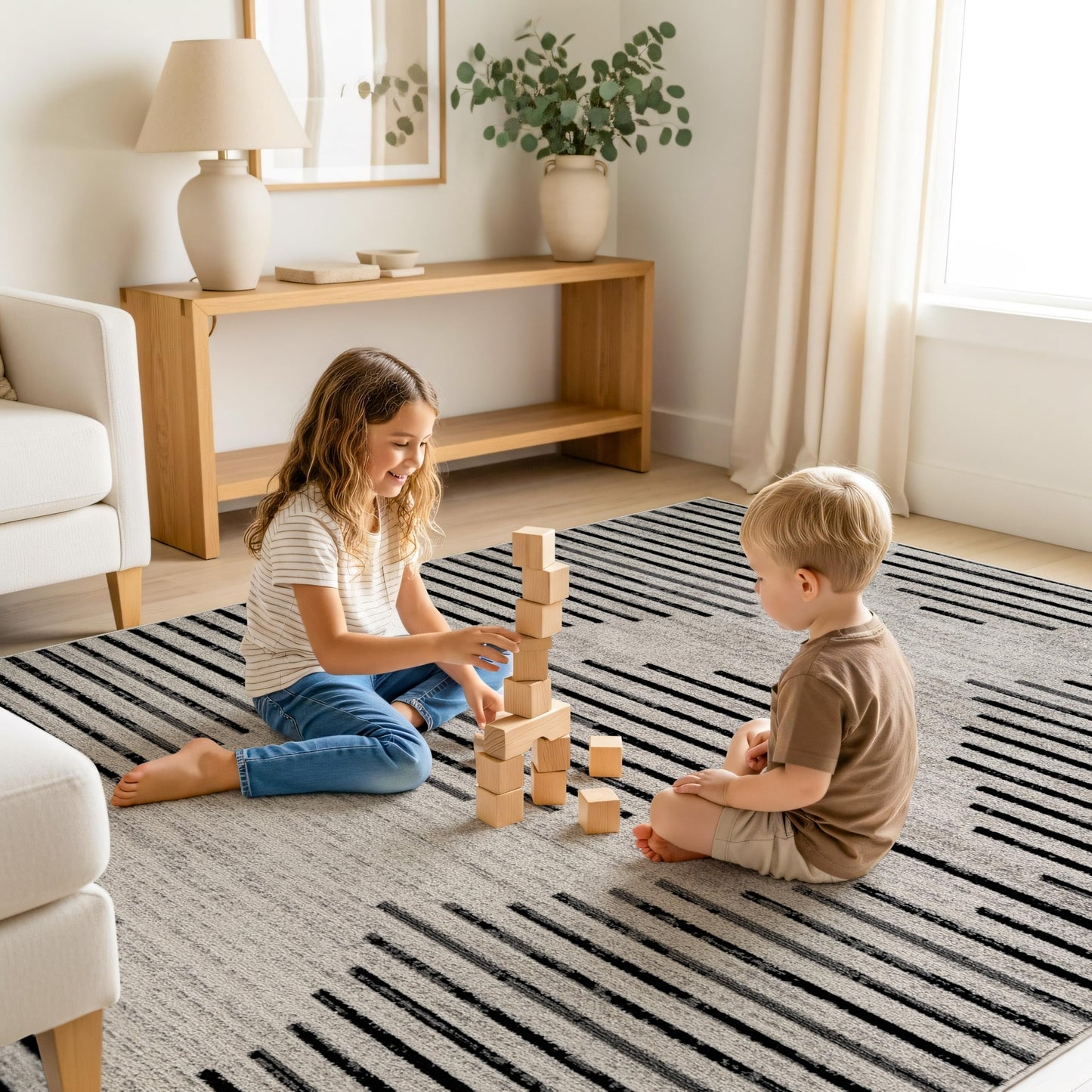 Rugshop Contemporary Abstract Indoor Area Rug for Living Room,Bedroom,Kitchen Rug Low Pile Rug with Jute Backing 5' x 7' Cream