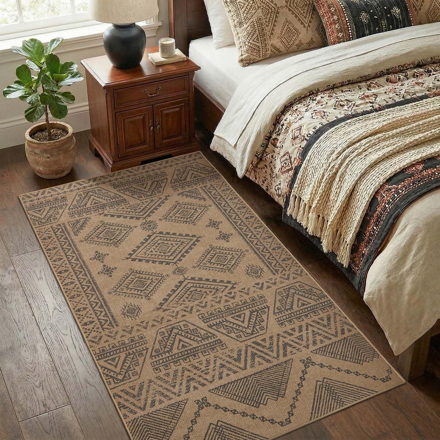 jinchan 3x5 Washable Faux Jute Area Rug, Natural Fiber Look Boho Southwestern Geometric Accent Rug, Low-Pile Non-Slip Floor Mat for Bedroom Living Room Entryway Covered Patio Balcony, Natural Charcoal