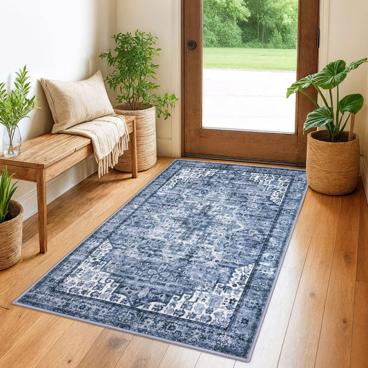 SIILOOM 3x5 Washable Area Rug for Entryway, Blue Soft Medallion Printed Rug with Non-Slip, Low-Pile Vintage Boho Area Rugs for Living Room Bedroom Dining, Dorm Carpet with Non-Shedding