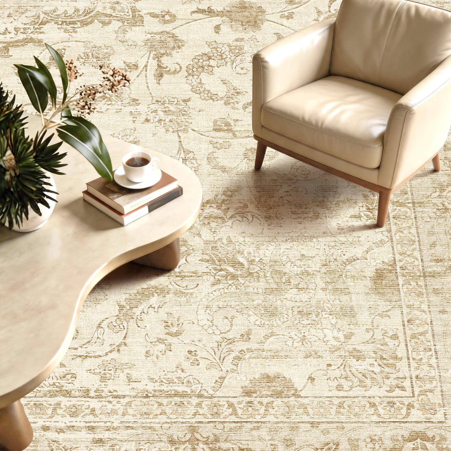 TTelephant Beige Washable Rugs 5x7, Neutral Vintage Boho Carpet for Bedroom, Living Room and Dining Room, Low Pile Nursery Area Rug with Non-Slip Silicone Backing, Non-Shedding