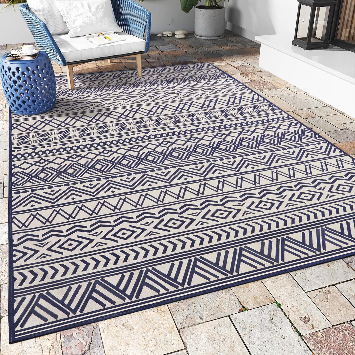 Outdoor Rug Carpet 5x8 ft, Flatweave Textured Outdoor Patio Rug Non Slip Indoor Outdoor Rugs with Rubber Particles Backing Boho Outdoor Area Rug for Patio Deck Front Porch Backyard Balcony, Navy