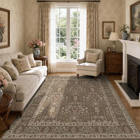 Deerly 5x7 Area Rugs Living Room, Low Pile Ultra Soft Rugs with Non-Slip Backing Machine Washable Vinatge Boho Carpet for Bedroom Playroom Nurseryroom, Kid & Pet Friendly Print Floor Brown Rug 5x7ft