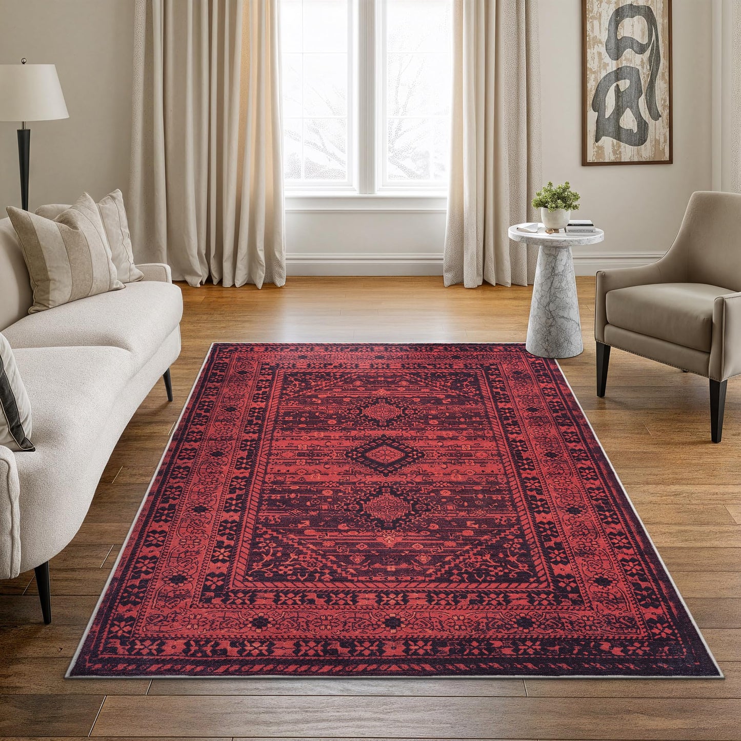 Bloom Rugs Washable Non-Slip 5' x 7' Rug - Red Traditional Bordered Area Rug for Living Room, Bedroom, Dining Room, and Kitchen - Exact Size: 5' x 7'