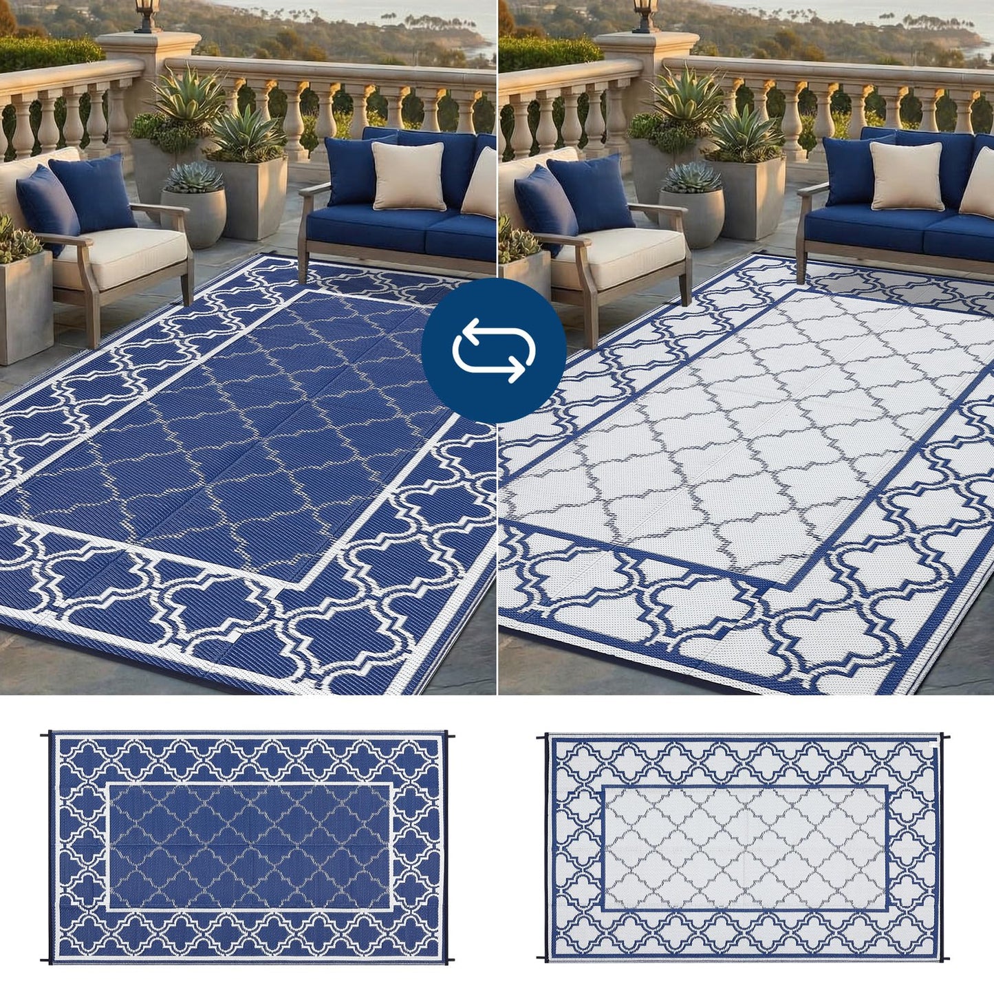 Garvee Reversible Outdoor Rug 5x8, Waterproof Outdoor Plastic Straw Rug with Interlacing Pattern, RV Mat for Picnics, Patio, Camping, Balcony, Deck, Backyard, Porch, Blue