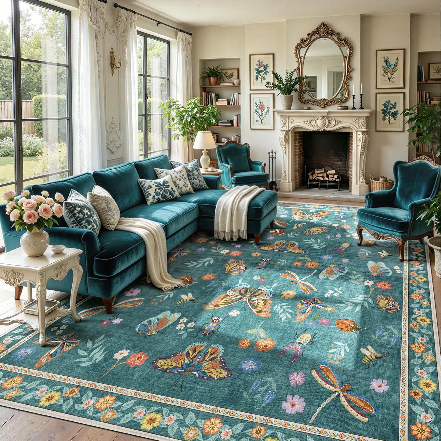 AIMPEAK Insect Washable Rugs 8x10 Teal, Soft Butterfly 8x10 Area Rugs for Living Room Indoor, Non Slip Bug Bedroom Rug Under Bed Thin Large Carpet with Flowers for Dining Room Office Playroom